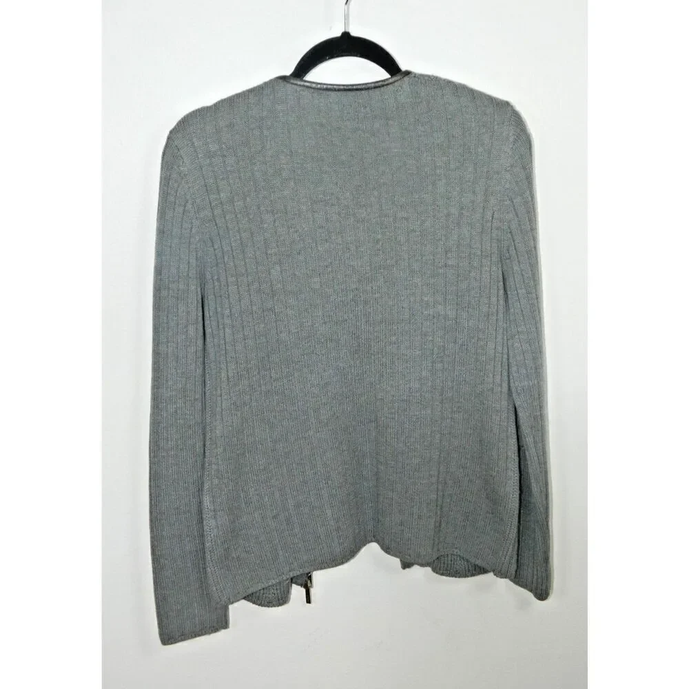 Tory Burch Sweater Cardigan Size Large Gray Wool‎ Leather Trim Round Neck Zip Up